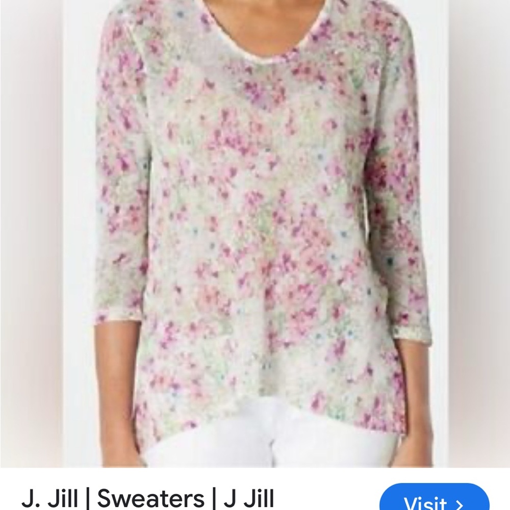 J. Jill Pink and White Crew Neck Sweater with Floral Design alpaca cotton